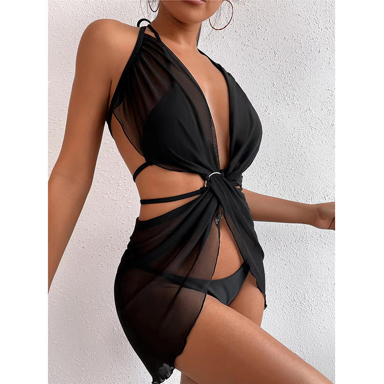 New Swimsuit Black Mesh Ring Three-Piece Sexy Solid Color Beach Bikini