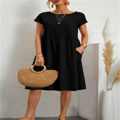 Cotton Linen Round Neck A-Line Dress