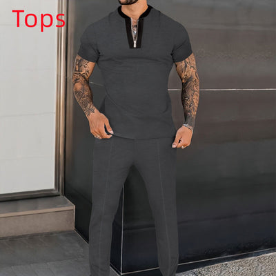 Waffle Short Sleeve Stitching Stand Collar Suit