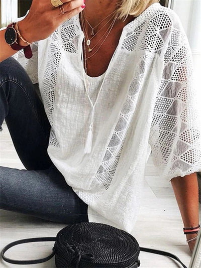 Lace Stitching U-neck Three-quarter Sleeve Top