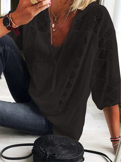 Lace Stitching U-neck Three-quarter Sleeve Top