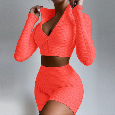 Sets Zipper Stand Collar Long Sleeve Crop TopsHigh Waist Shorts Women Tracksuit