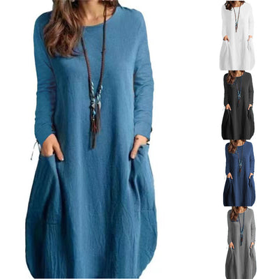 Autumn Cotton and Linen Loose Casual Solid Color Long-Sleeved Dress