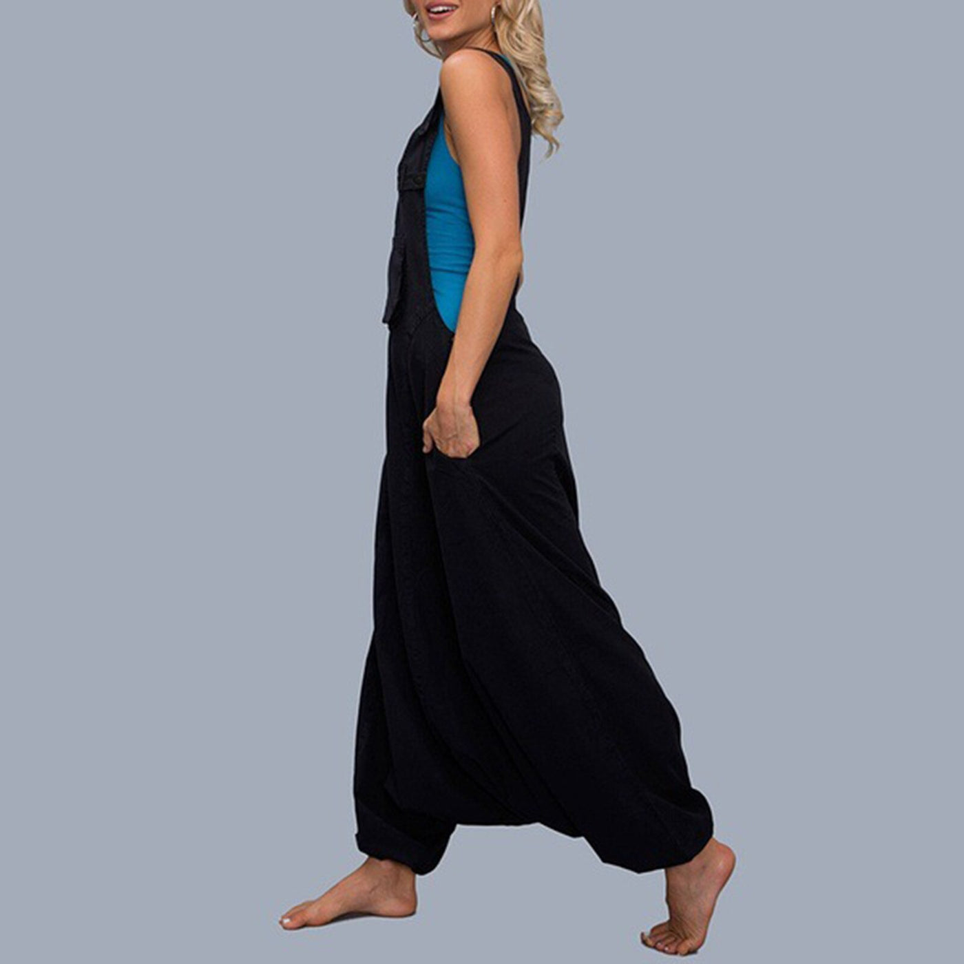 Loose Jumpsuits Harem Pants Wide Leg Pants Sleeveless Pockets