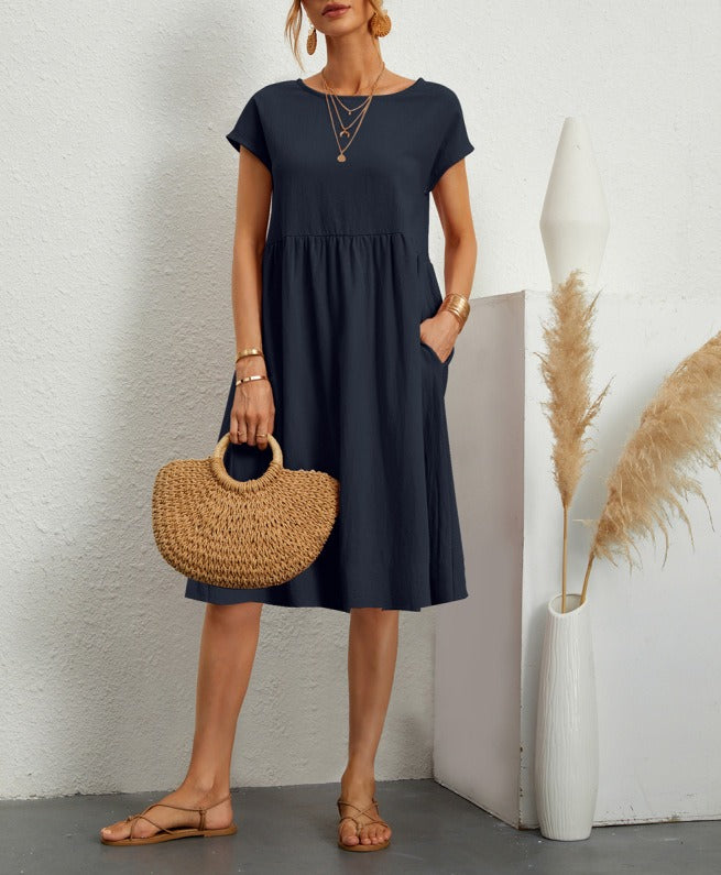 Cotton Linen Round Neck A-Line Dress