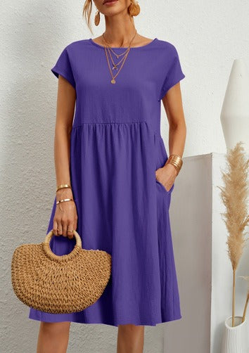 Cotton Linen Round Neck A-Line Dress