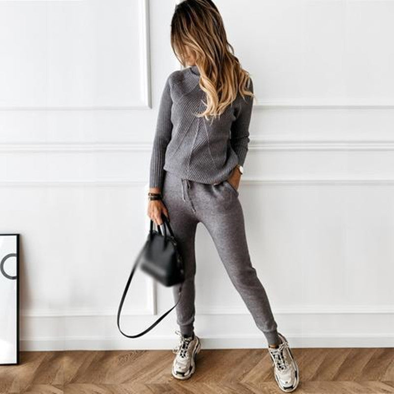 Turtleneck solid color sweater suit women