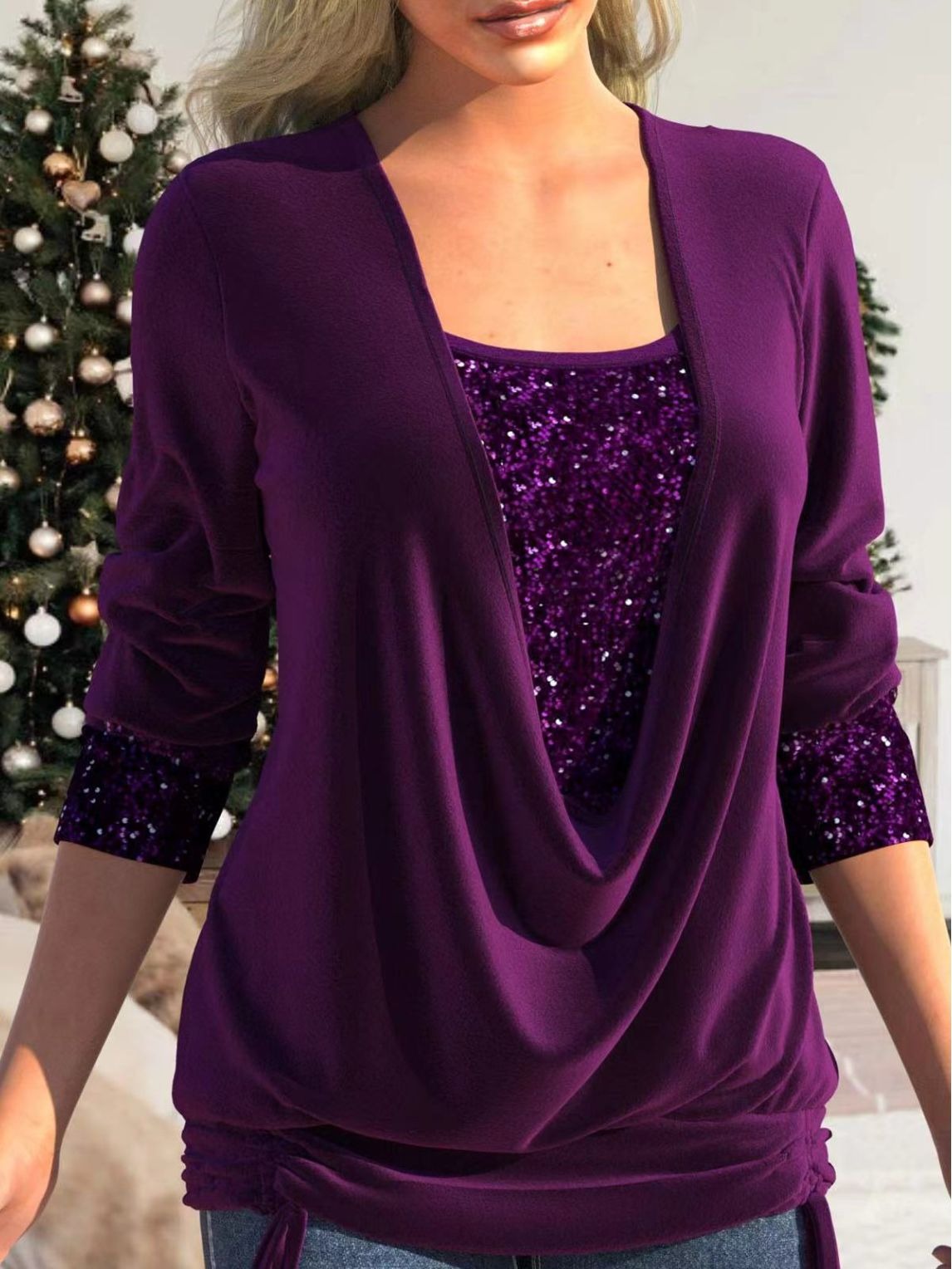 New Style Bead Piece Contrast Color Long Sleeve Large Pendant Neck Loose Drawn Pleated Two Piece False Top