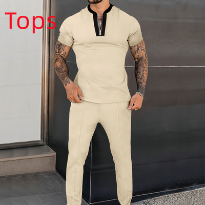 Waffle Short Sleeve Stitching Stand Collar Suit