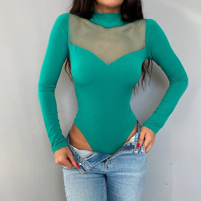 New Color Mesh Splice Long Sleeve Versatile Bottom Slim Top