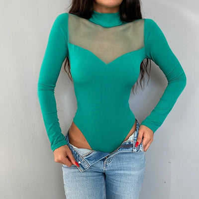 New Color Mesh Splice Long Sleeve Versatile Bottom Slim Top