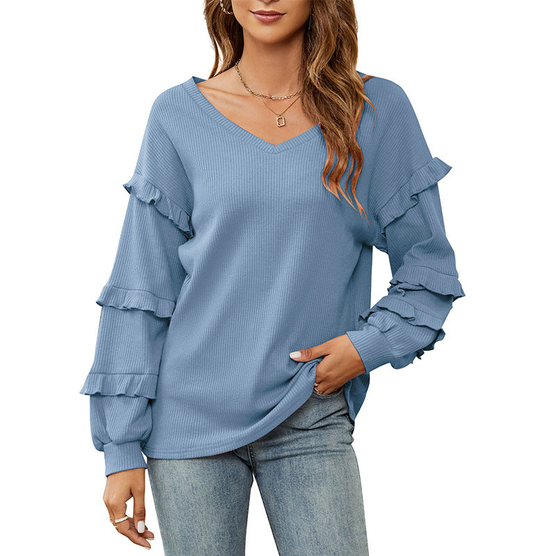 New Women's Waffle V-Neck Ruffled Lantern Sleeve Top