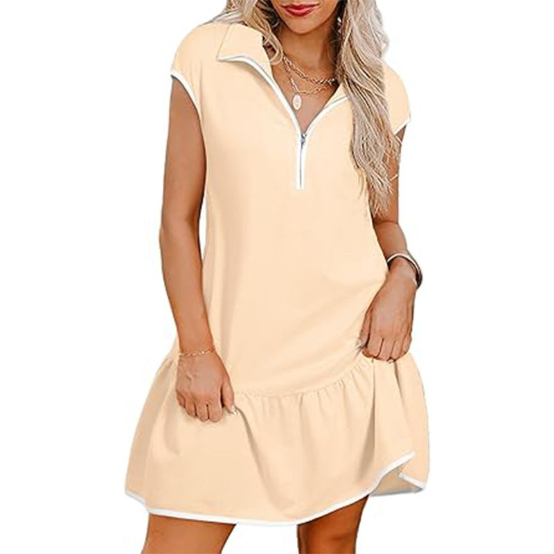 Short Sleeve Polo Collar Zipper Waist Dress