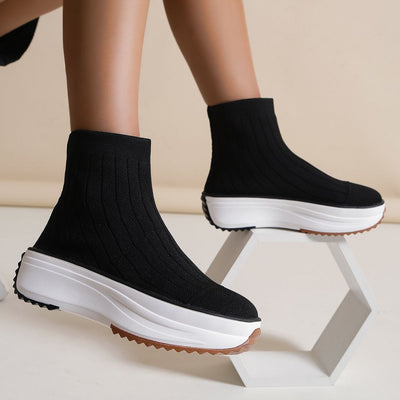 Elevate Comfort and Style: Women's Knitted Thick-Soled Ankle Boots with Casual, Breathable, and Solid Color Design