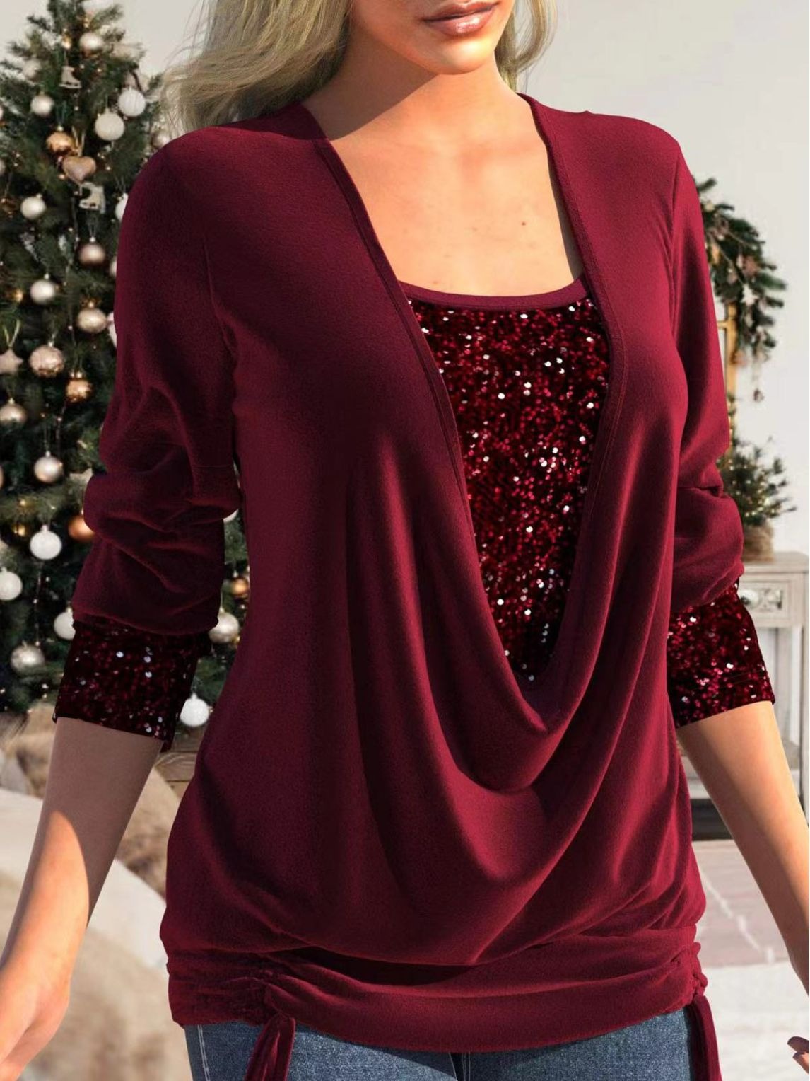 New Style Bead Piece Contrast Color Long Sleeve Large Pendant Neck Loose Drawn Pleated Two Piece False Top