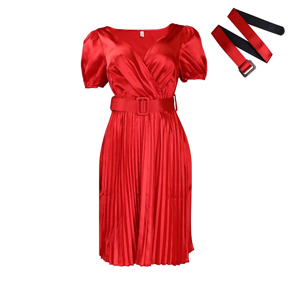 Equipped with belt V-neck sexy pleated large foreign trade dress