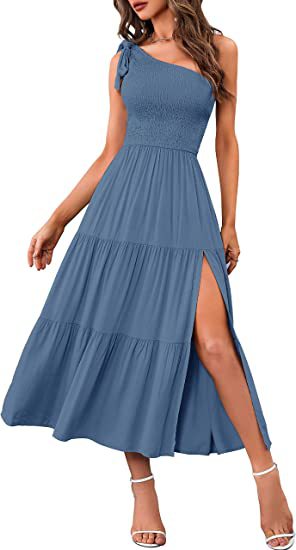 Women's One-shoulder Pleated Layered Hem Split Dress