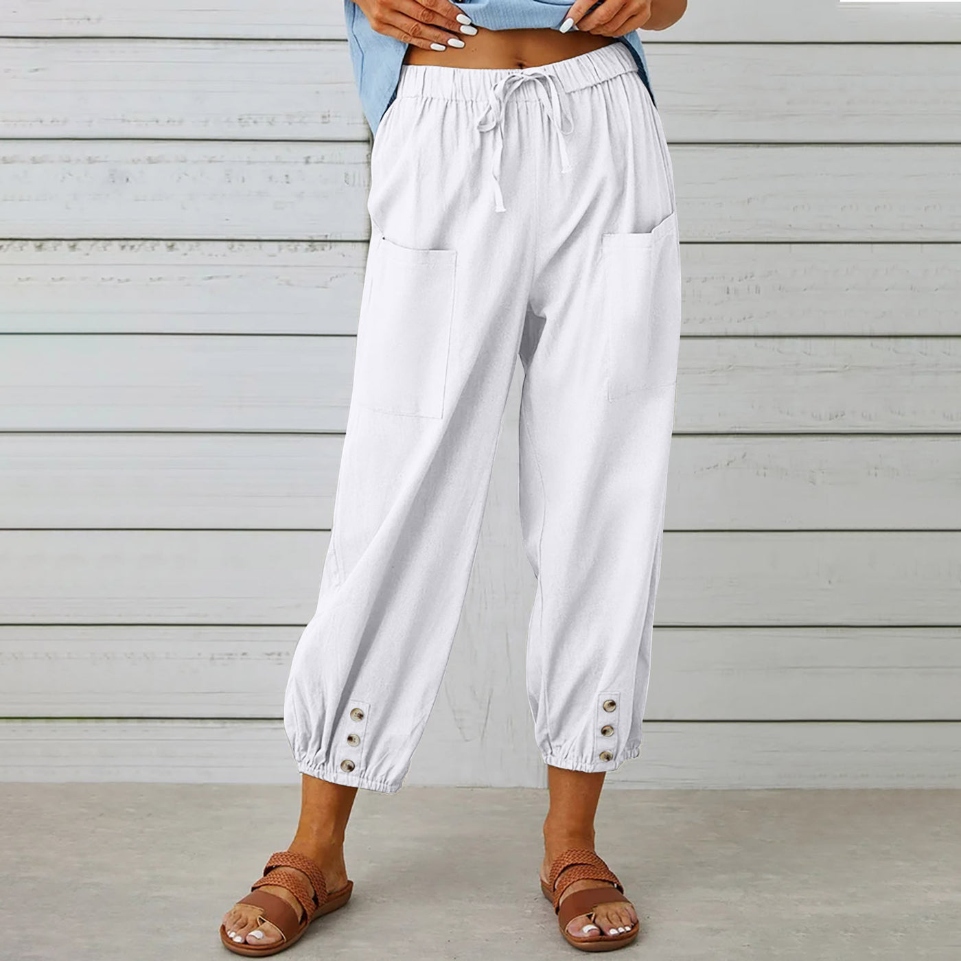 Women Drawstring Tie Pants Cotton And Linen Trousers With Pockets Button