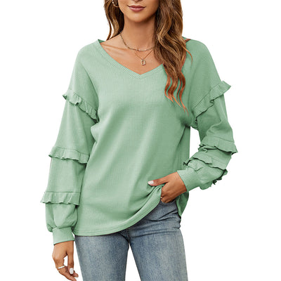 New Women's Waffle V-Neck Ruffled Lantern Sleeve Top