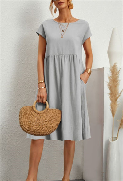 Cotton Linen Round Neck A-Line Dress