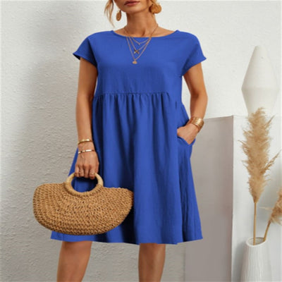 Cotton Linen Round Neck A-Line Dress