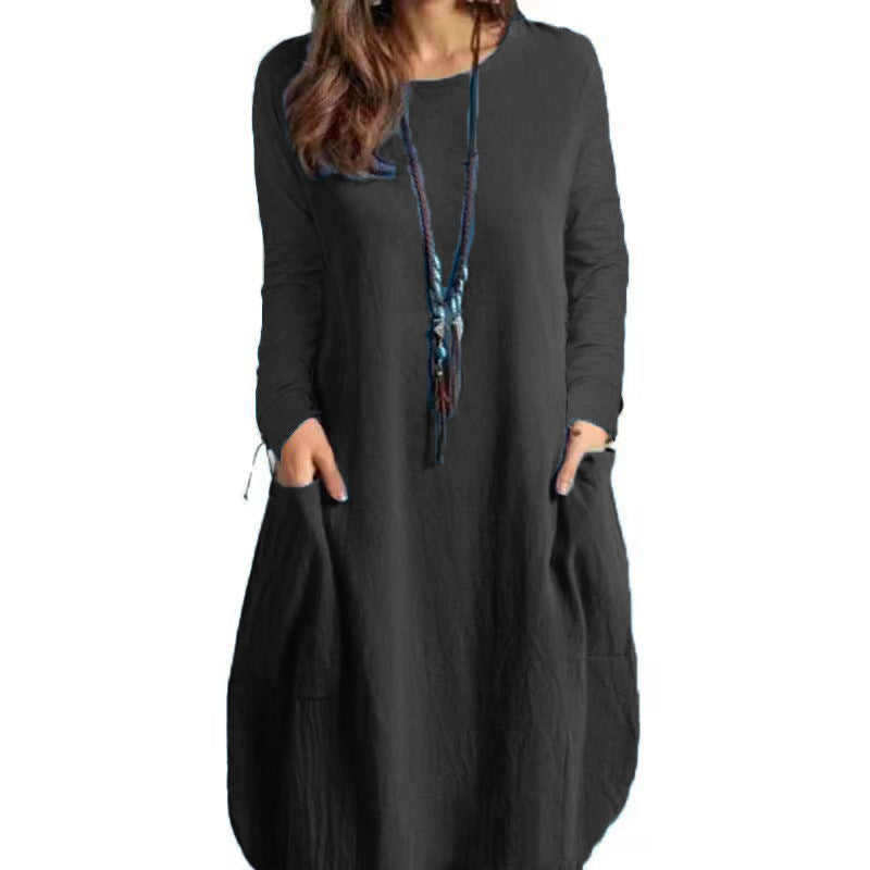 Autumn Cotton and Linen Loose Casual Solid Color Long-Sleeved Dress