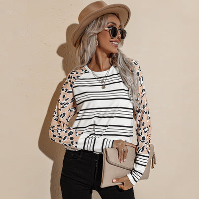 Long Sleeve Striped T-Shirt Round Neck Loose Short Top