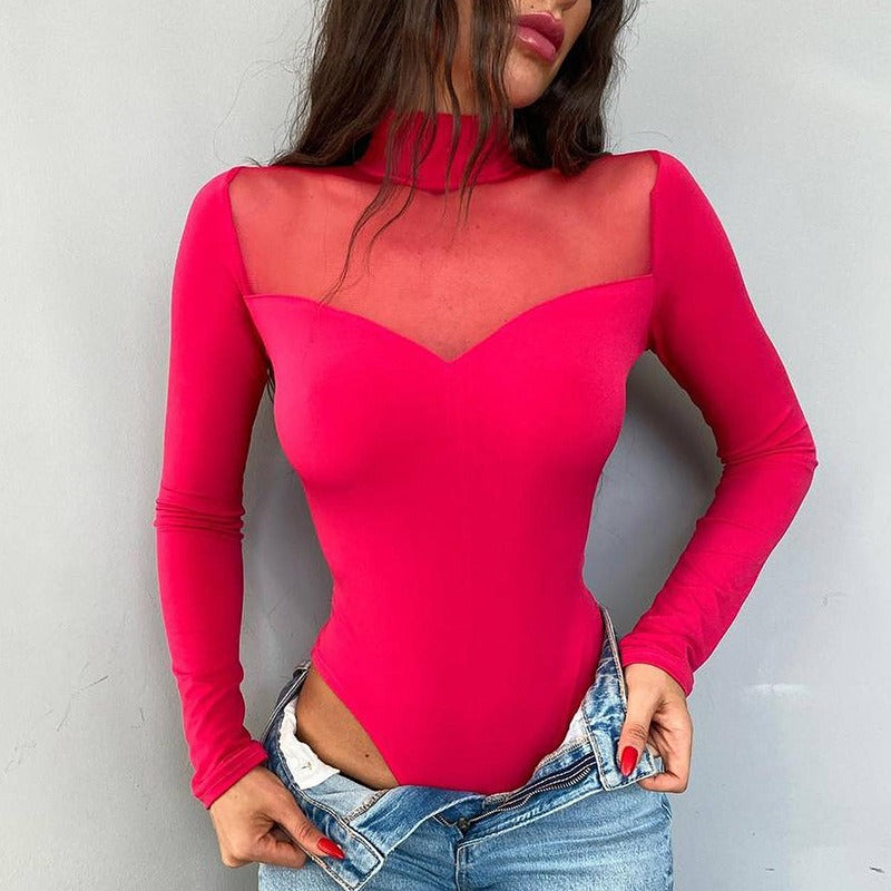 New Color Mesh Splice Long Sleeve Versatile Bottom Slim Top