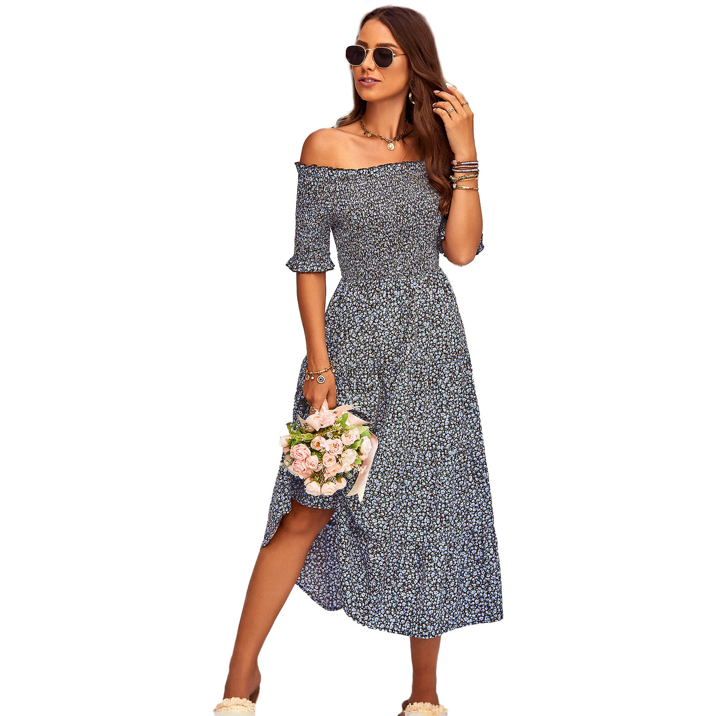 Women's Floral-print Off-shoulder Casual A- Line Dress