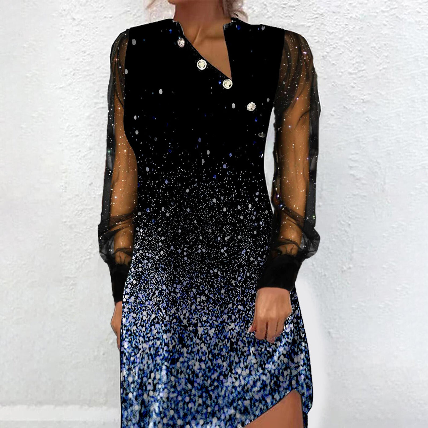 New Button Mesh Splicing Digital Printing Long Sleeve Dress