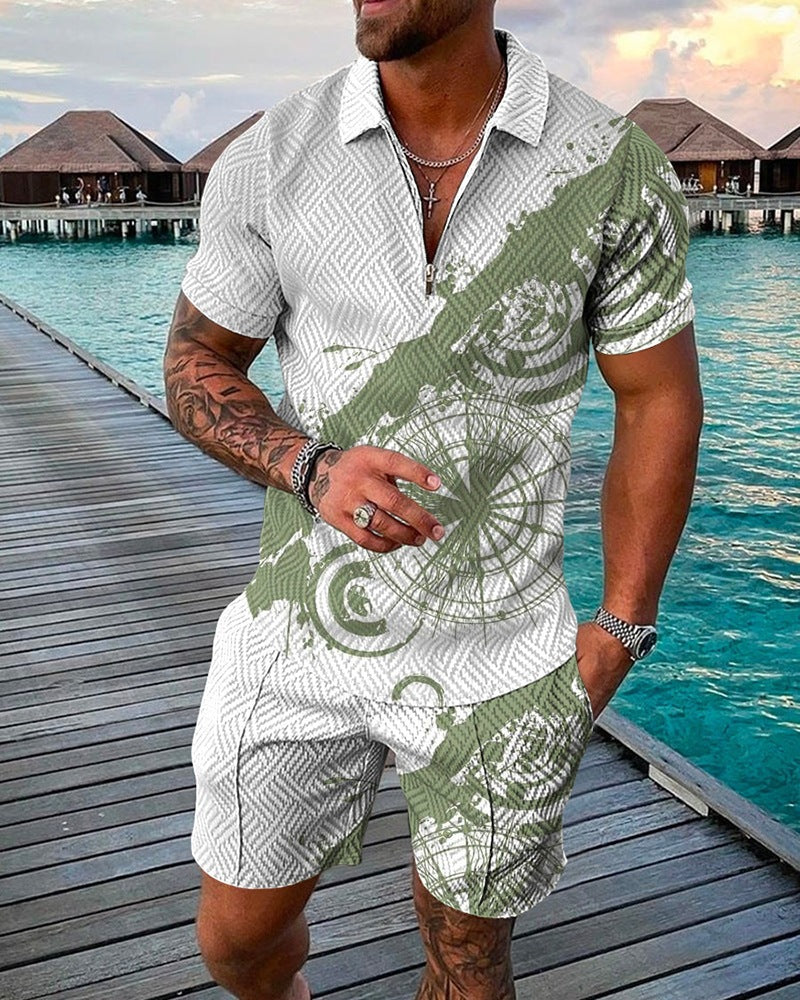 Fashion Casual Suit 3D Print Zip Short Sleeve Polo Shirt Shorts 2 Piece Set