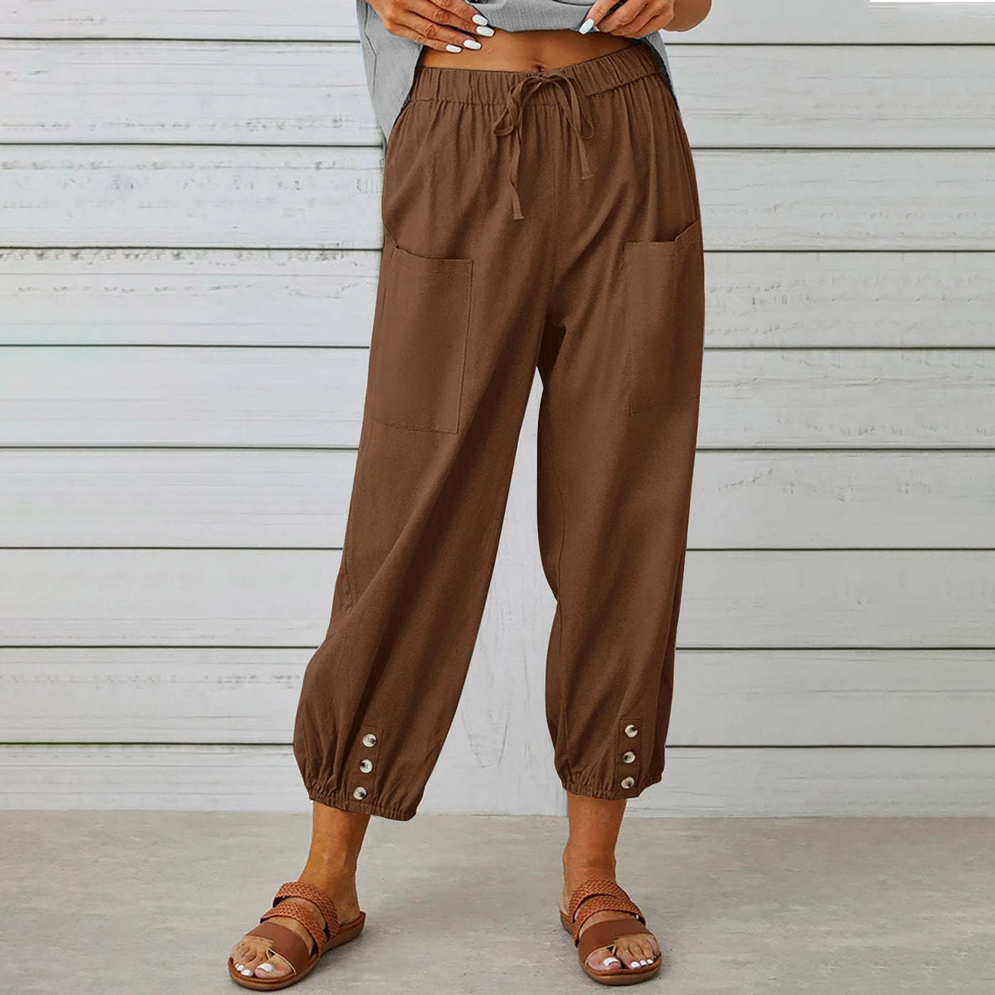 Women Drawstring Tie Pants Cotton And Linen Trousers With Pockets Button