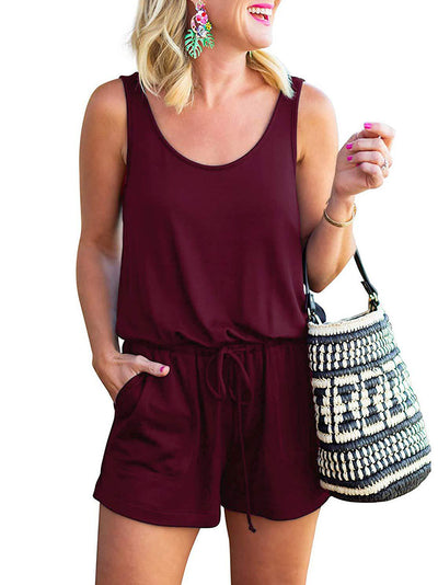 Women Jumpsuit Sleeveless Tank Top Drawstring Tie Shorts