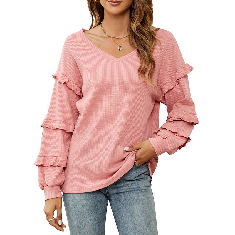 New Women's Waffle V-Neck Ruffled Lantern Sleeve Top