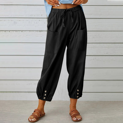 Women Drawstring Tie Pants Cotton And Linen Trousers With Pockets Button