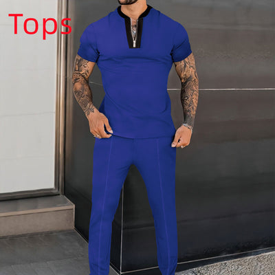 Waffle Short Sleeve Stitching Stand Collar Suit