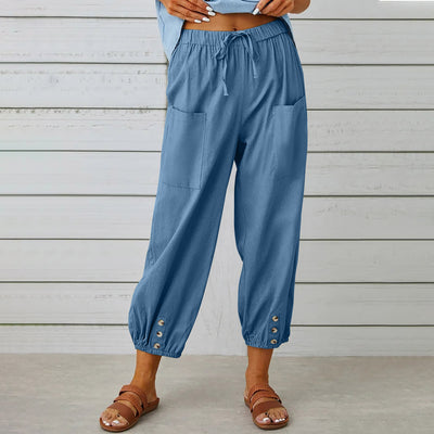 Women Drawstring Tie Pants Cotton And Linen Trousers With Pockets Button