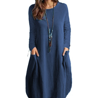 Autumn Cotton and Linen Loose Casual Solid Color Long-Sleeved Dress