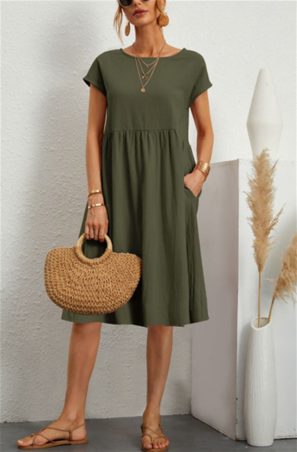 Cotton Linen Round Neck A-Line Dress