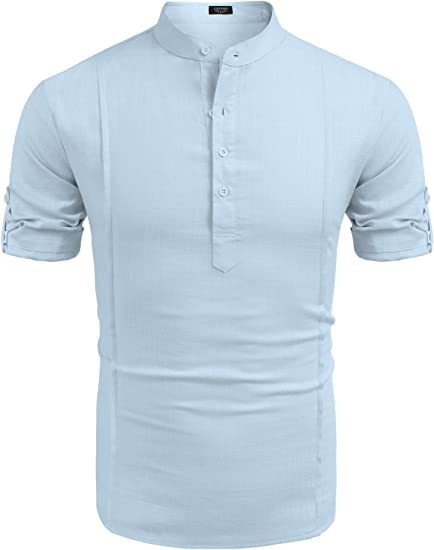 Henley Style Linen Shirt Men Casual Beach Shirt Short Sleeve T-Shirt Summer