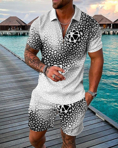 Fashion Casual Suit 3D Print Zip Short Sleeve Polo Shirt Shorts 2 Piece Set