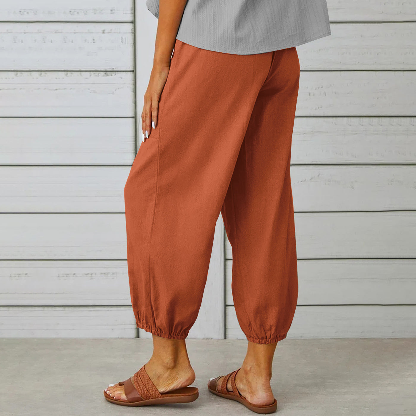 Women Drawstring Tie Pants Cotton And Linen Trousers With Pockets Button