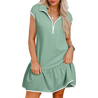 Short Sleeve Polo Collar Zipper Waist Dress