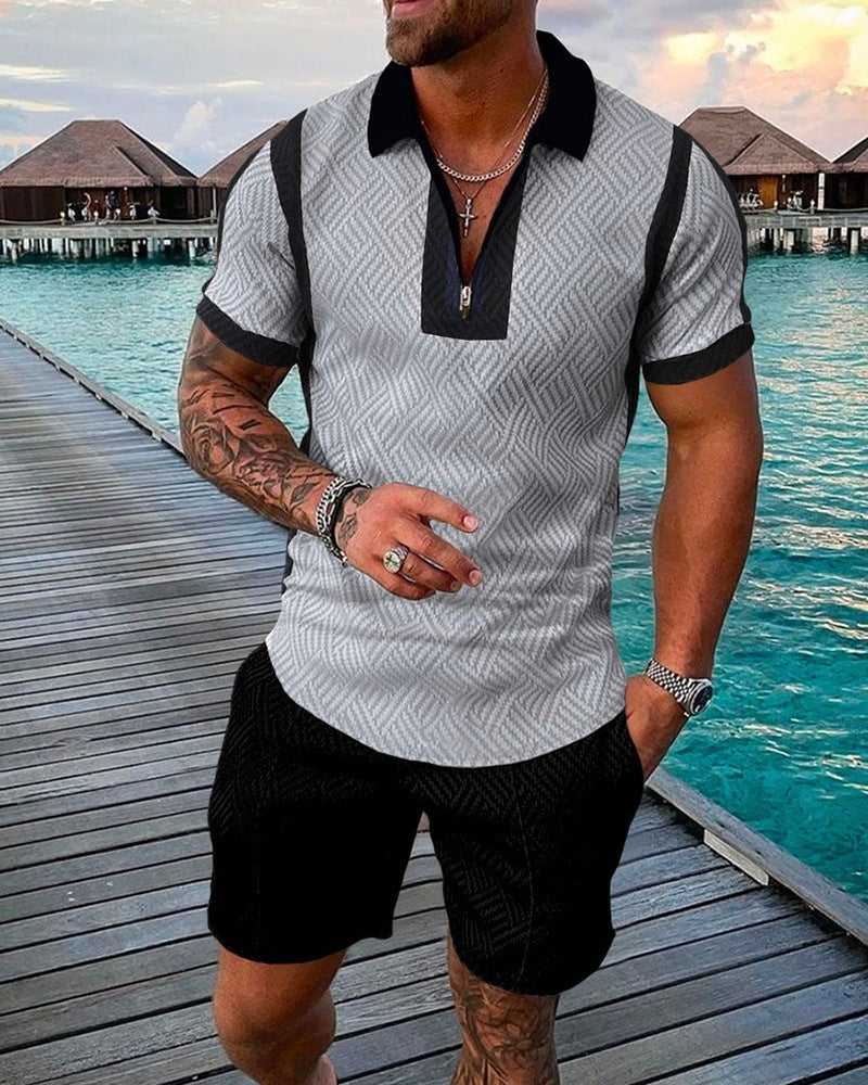 Fashion Casual Suit 3D Print Zip Short Sleeve Polo Shirt Shorts 2 Piece Set