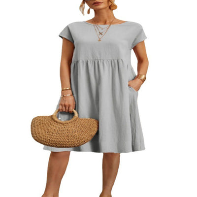 Cotton Linen Round Neck A-Line Dress