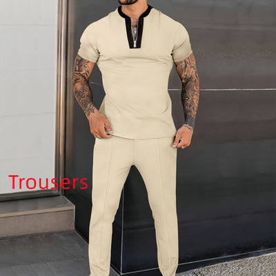 Waffle Short Sleeve Stitching Stand Collar Suit