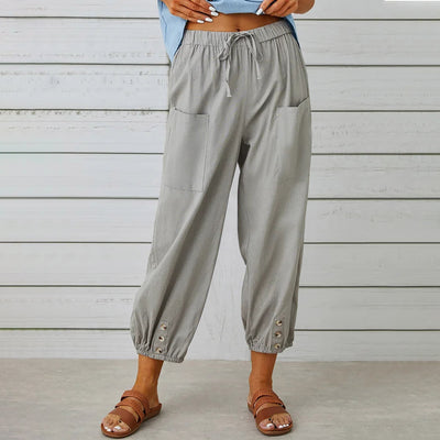 Women Drawstring Tie Pants Cotton And Linen Trousers With Pockets Button