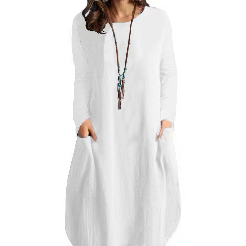 Autumn Cotton and Linen Loose Casual Solid Color Long-Sleeved Dress