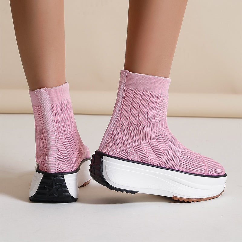 Elevate Comfort and Style: Women's Knitted Thick-Soled Ankle Boots with Casual, Breathable, and Solid Color Design