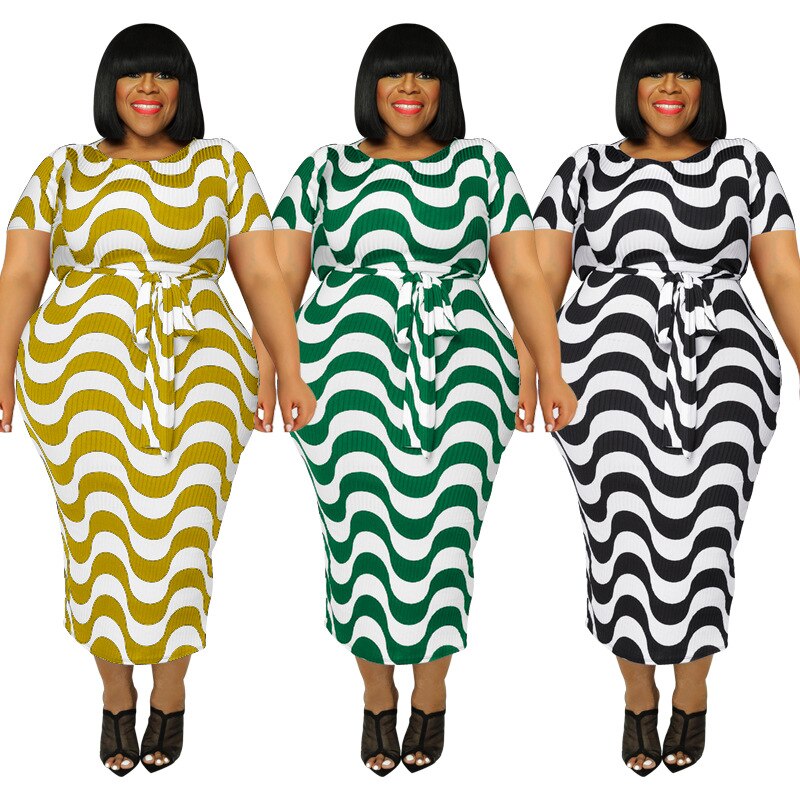 Fashion Short Sleeve Striped Bodycon Casual Plus Size Dresses